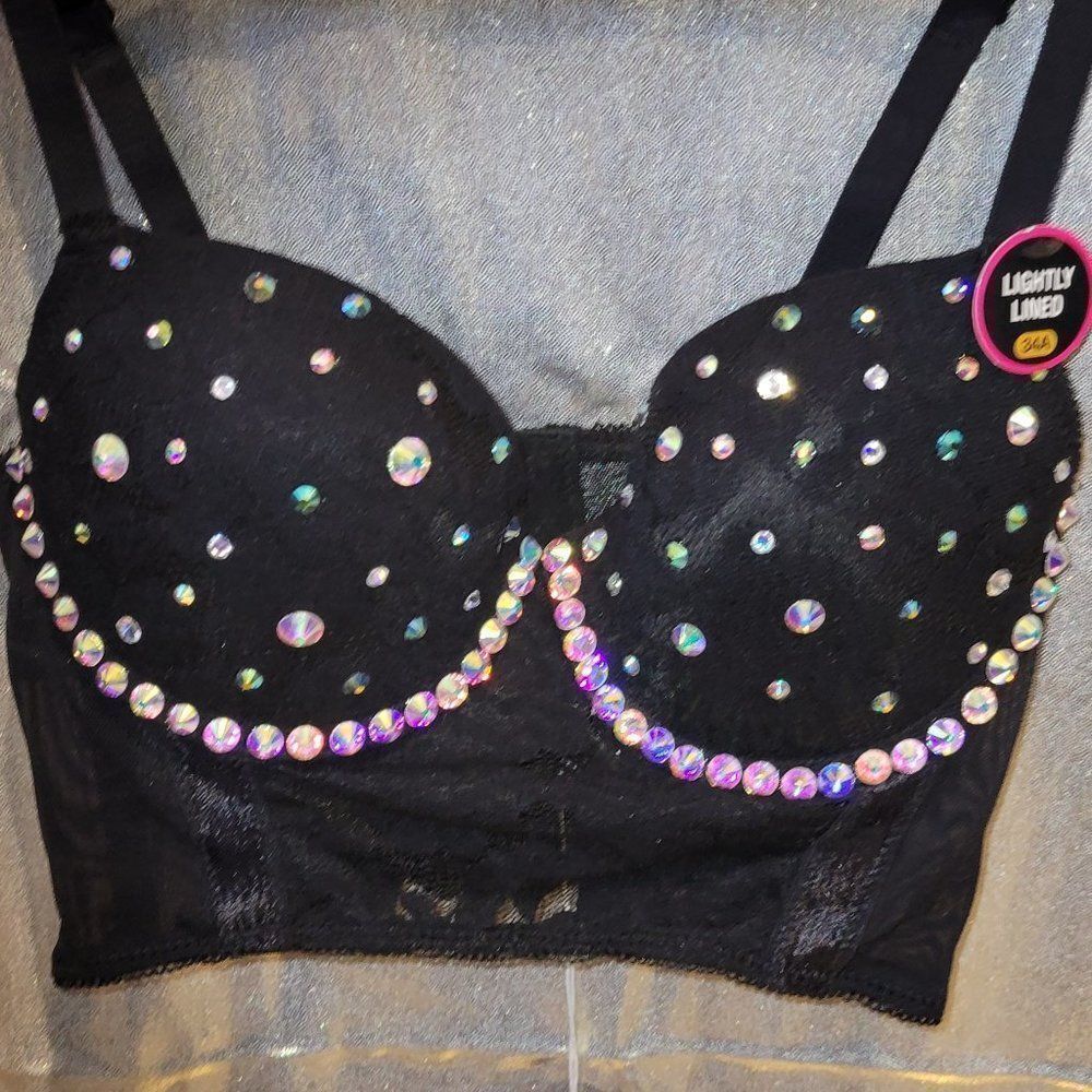 New Black Lace Corset Push Up Bra with Crystal Embellishments